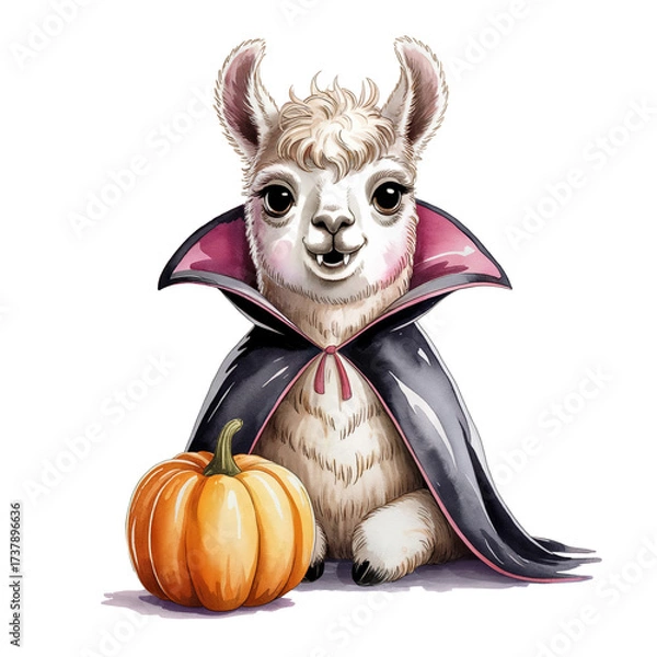 Fototapeta Cute llama like a Dracula vampire. Hand drawn watercolor illustration.