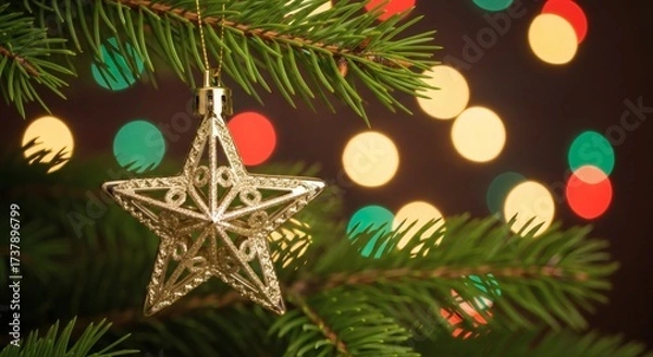 Fototapeta A golden star ornament hangs on a christmas tree branch