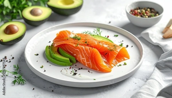 Fototapeta Deliciously prepared salmon fillet slices delicately presented atop sliced avocado, garnished with herbs, and arranged on a white plate, complemented by halved avocados, mixed peppercorns, and a soft.
