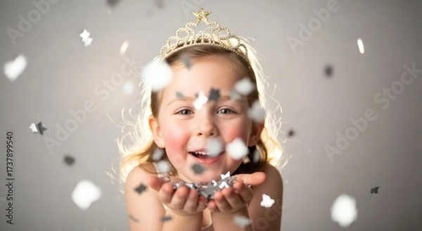 Fototapeta A girl wearing a crown blowing confetti in a studio setting