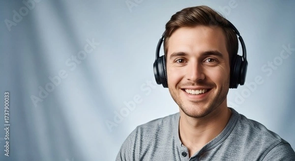 Fototapeta A smiling man wearing headphones against a blue background