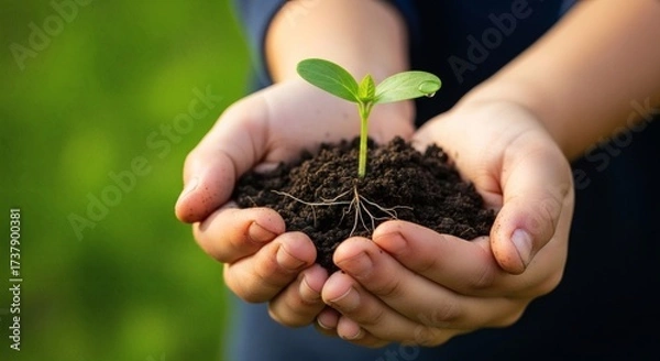 Fototapeta Hands holding a small plant with soil and visible roots