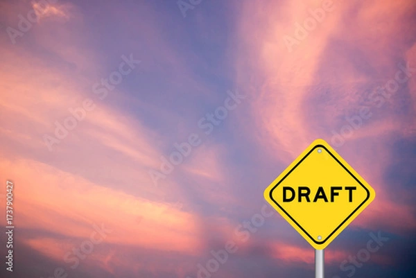 Fototapeta Yellow transportation sign with word draft on violet color sky background