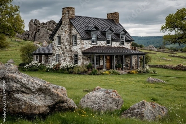 Fototapeta Old stone house and lawn. Generative AI