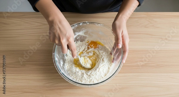 Obraz Smart housewife is mixing fresh ingredients in glass bowl, combining flour and egg to prepare dough on wooden table, showcasing simple and clean cooking process