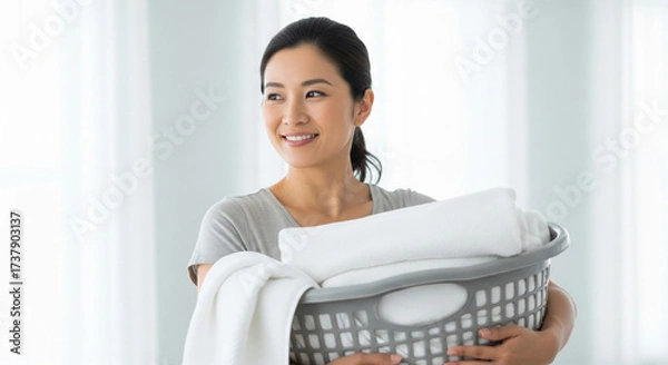 Obraz Smart housewife with fresh smile holds laundry basket filled with clean white towels, standing in bright and tidy home, exuding positivity and efficiency