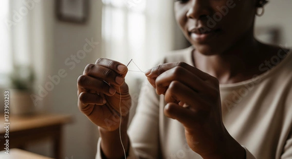Obraz Smart housewife threading needle with focus and precision, showcasing fresh creativity and skill in cozy home environment. natural light enhances serene atmosphere