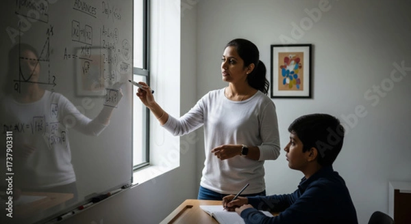Obraz Smart housewife explains fresh mathematical concepts to young student on whiteboard in bright room, fostering learning and understanding