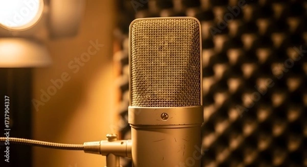 Fototapeta Professional condenser microphone in a recording studio with acoustic foam