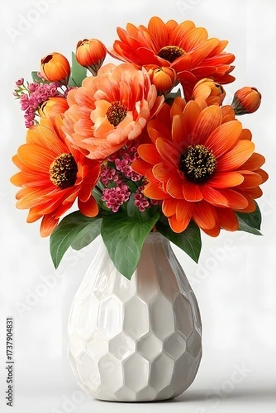 Fototapeta 3D vase with flowers isolated on white background