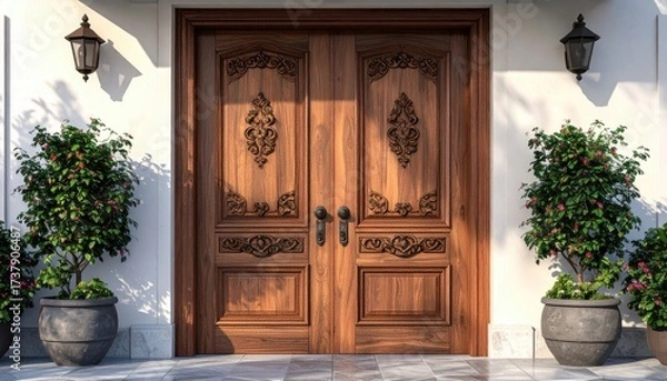 Fototapeta Ornate wooden double doors, richly carved with detailed patterns, stand as an entrance to a building; flanking the entrance, decorative bushes in planters accent the facade, with ambient light...