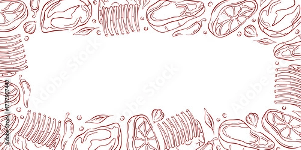 Fototapeta Border frame with different meat cut steak, rib and chop in a line art style. Perfect for food packaging, flyers, butcher store design and restaurant menu.