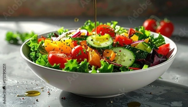 Fototapeta Freshly prepared salad features an assortment of colorful vegetables, including tomatoes, cucumbers, bell peppers, and lettuce, arranged in a white bowl, drizzled with olive oil for a vibrant,...