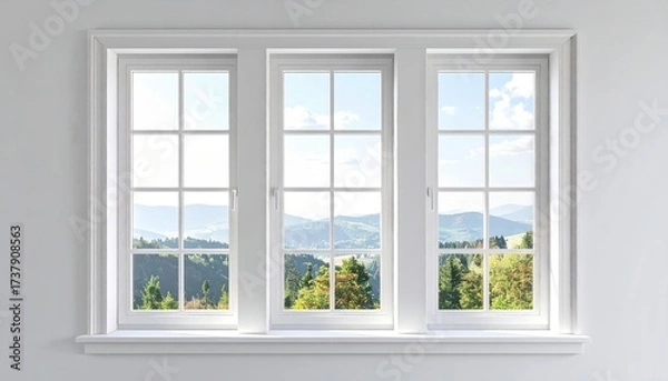 Fototapeta Bright white window frames, with a view of rolling green hills, lush trees, and a clear blue sky with fluffy clouds in a well-lit room, creating a serene and peaceful atmosphere.