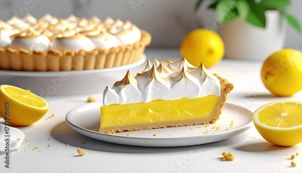 Fototapeta Delicious slice of lemon meringue pie, served on a white plate with the whole pie visible in the background, surrounded by fresh lemons, and set on a white surface, creating a bright and appetizing...
