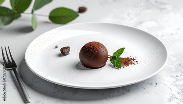 Fototapeta Exquisite presentation of a gourmet chocolate dessert, a sphere dusted with cocoa powder, sits elegantly on a white plate with fresh mint leaves, a smaller chocolate piece, and a fork alongside, all.