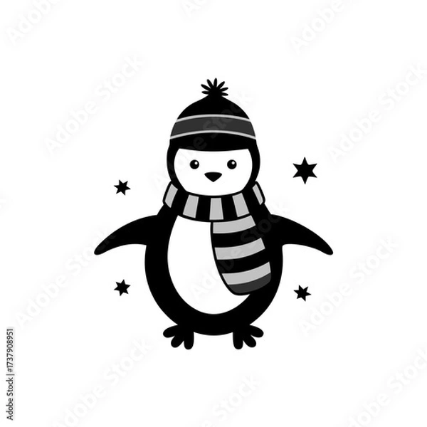 Fototapeta Penguin wearing a hat and scarf with stars on transparent background