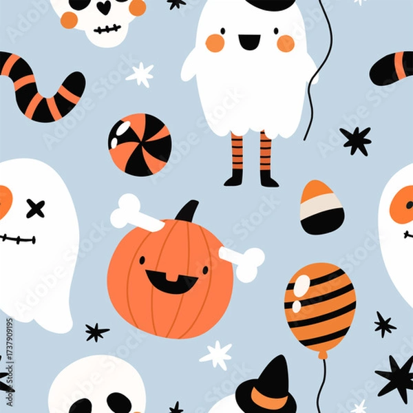 Obraz Seamless pattern with cute Halloween characters. Flat style, hand-drawn pattern.