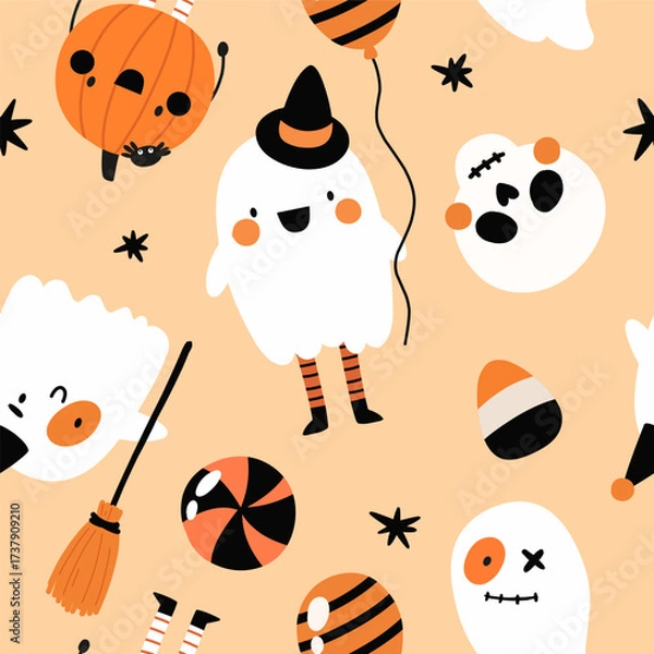Obraz Seamless pattern with cute Halloween characters. Flat style, hand-drawn pattern.