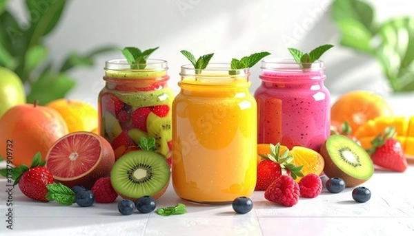 Fototapeta Vibrant and refreshing smoothies in mason jars are arranged with a variety of fresh fruits, including strawberries, kiwis, oranges, and blueberries, creating a colorful, healthy, and appealing food...