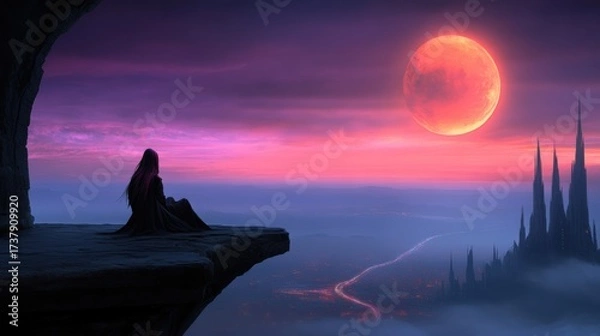 Fototapeta A lone figure in a black cloak sits on a rocky ledge, gazing at a vivid sunset with a large red moon above, This atmospheric scene can be used for fantasy themes, storytelling, or creative projects,