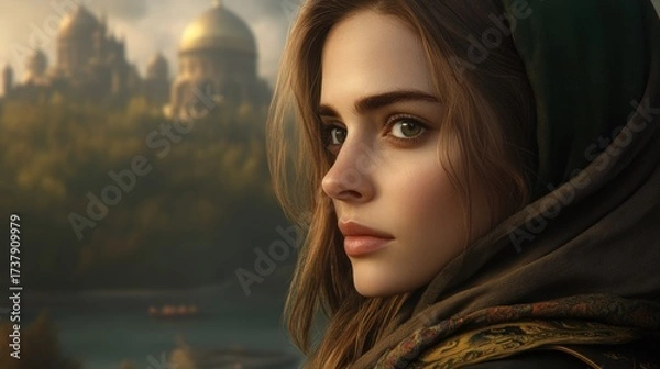 Fototapeta A young woman with striking features gazes thoughtfully into the distance, draped in a textured scarf against a backdrop of an enchanting cityscape, ideal for stories, culture, or travel themes,