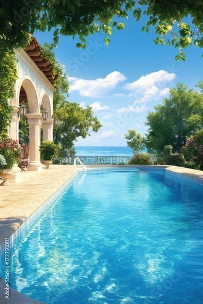 Fototapeta Serene poolside view overlooking a tranquil sea, framed by lush greenery and vibrant flowers, Ideal for promoting luxury travel, vacation rentals, or lifestyle and wellness concepts,