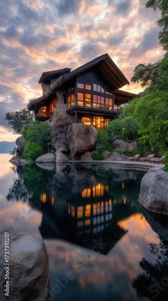 Fototapeta A stunning modern house perched on large boulders, reflecting in tranquil waters under an enchanting sunset, Perfect for real estate, architecture, or travel promotions targeting luxury living,
