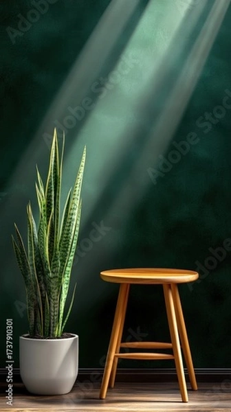 Fototapeta A stylish interior scene features a potted plant beside a wooden stool against a deep green wall, illuminated by soft rays of light, Ideal for decor inspiration, interior design, or lifestyle themes,