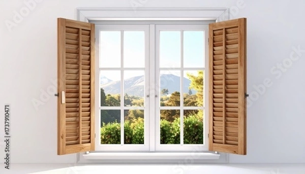 Fototapeta Open wooden shutters frame a bright, sunny outdoor scene visible through a white window, revealing lush green foliage and distant mountain peaks under a clear blue sky, creating a peaceful atmosphere.