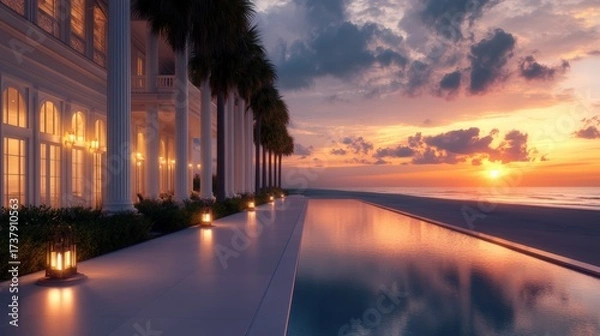 Fototapeta A serene beachside sunset scene featuring a luxurious villa with palm trees and glowing lanterns, Ideal for real estate, travel brochures, or lifestyle blogs highlighting relaxation and elegance,