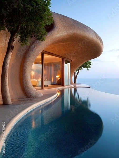 Fototapeta A stunning architectural design of a modern villa featuring a curved exterior and an infinity pool overlooking the ocean, perfect for showcasing luxury living, real estate