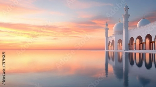 Fototapeta A serene sunset casts a warm glow over a majestic mosque, its stunning architecture reflected in calm waters, Ideal for travel, architecture, or spiritual content,