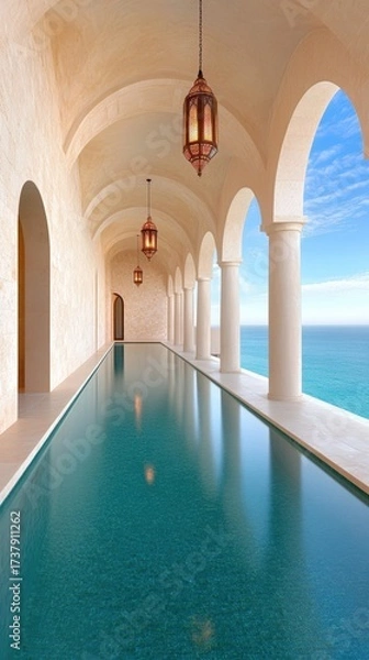Fototapeta A serene architectural scene featuring an elegant poolside corridor with arched ceilings and lanterns overlooking a tranquil sea, perfect for luxury real estate, travel blogs, or relaxation themes,