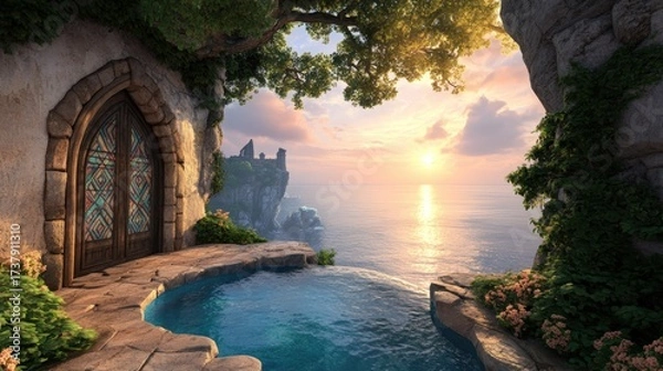 Fototapeta A serene coastal scene features a rustic door opening to a sparkling pool and a breathtaking sunset over the ocean, framed by lush greenery, Ideal for travel ads, wellness retreats, or serene escapes