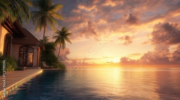Fototapeta A tranquil sunset over a serene poolside, surrounded by lush palm trees and a cozy villa, ideal for advertisements, travel brochures, or relaxation-themed content