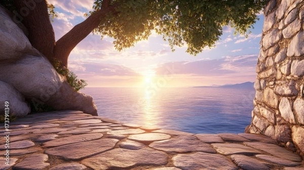 Fototapeta A serene coastal scene features a stone pathway leading to the water, framed by trees and gentle waves reflecting a pastel sunset, This image is perfect for travel, relaxation themes, or nature blogs