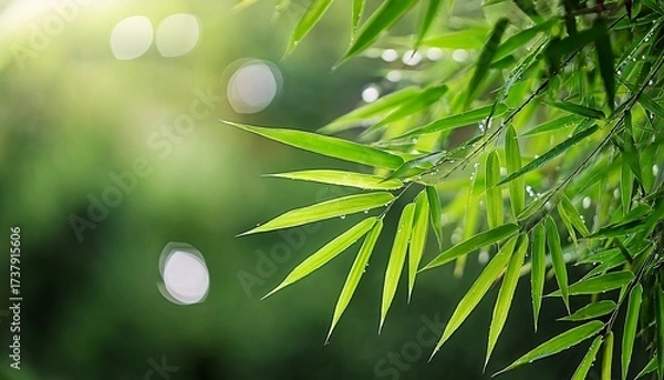 Fototapeta bamboo leaves green bamboo leaf in the garden beautiful growing green bamboo leaves with dew drops after rain falls on the leaves