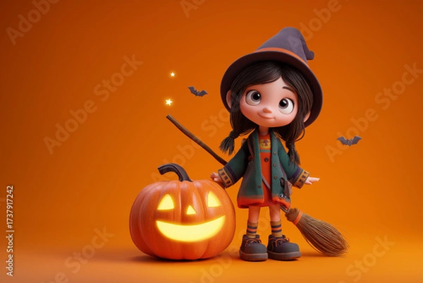 Fototapeta  cute little witch with a playful expression standing next to a glowing Halloween pumpkin