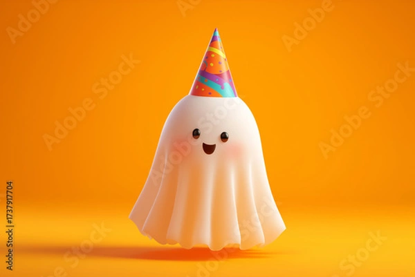 Fototapeta party hat  on a ghost isolated on yellow background
