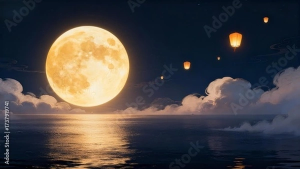 Fototapeta Moonlit Sky with Floating Lanterns