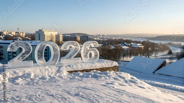 Fototapeta Urban winter scene with snow-covered rooftops, “2026” carved from ice on a rooftop
