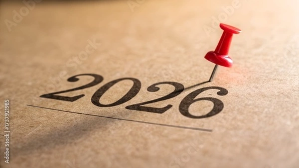 Fototapeta Red pin marks year 2026 on brown paper.

