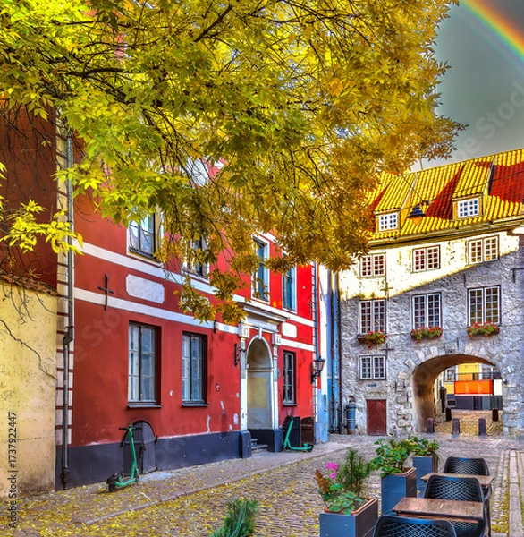 Obraz Autumn motif in medieval street in district of  old European town. Only traditional digital tools were used 