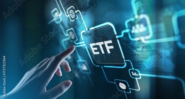 Obraz ETF Exchange-Traded Fund Investment Strategy, projection on a virtual screen, Business and Technology Concept.