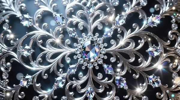 Fototapeta Ornate silver filigree with sparkling diamonds in symmetrical floral pattern