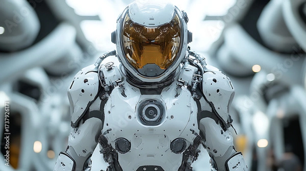 Fototapeta High-detail image of armored floating suit with built-in oxygen system and reinforced plating cinematic lighting white studio 