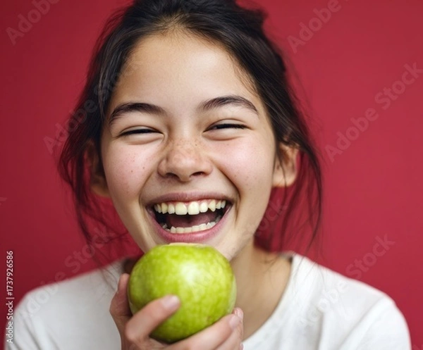 Fototapeta A young person with a bright smile holds a fresh green  against a vibrant crimson backdrop, radiating joy and healthy living.