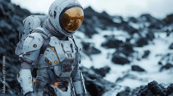 Fototapeta Focus close-up of advanced disaster suit levitating with emergency modules exposed detailed textures cinematic composition 