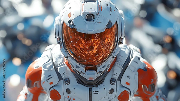 Fototapeta Focus close-up of advanced disaster suit levitating with emergency modules exposed detailed textures cinematic composition 